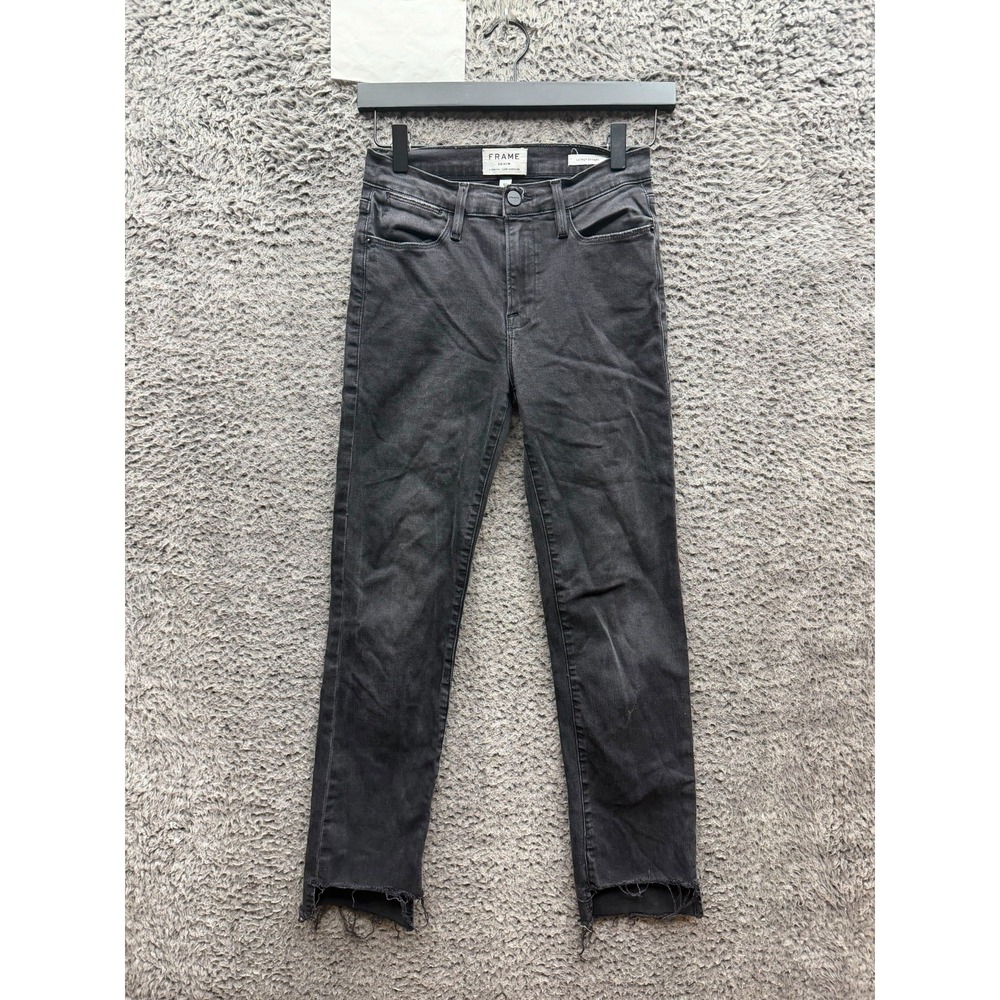 Frame Le High Straight Raw Hem Denim Jeans Washed Black Womens Size 25